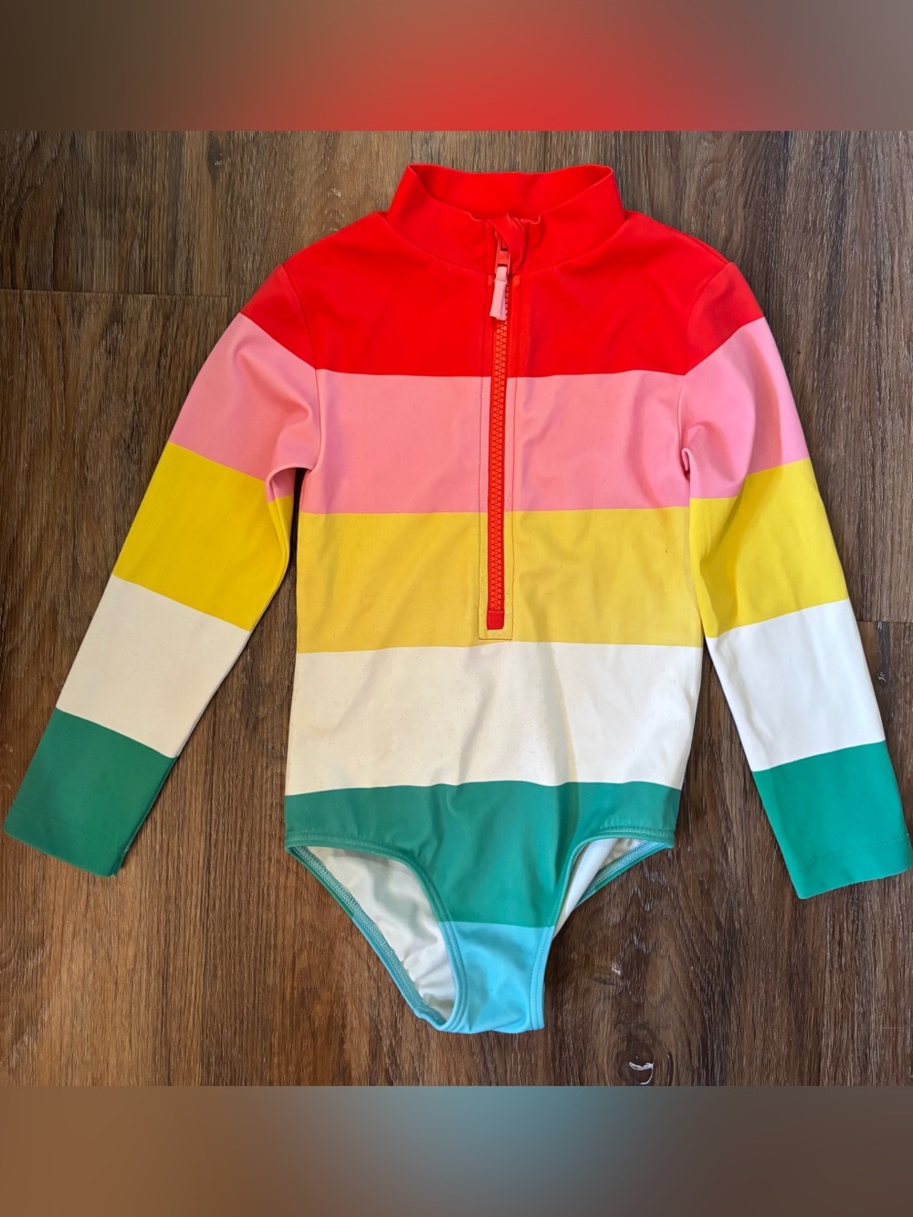 Boden Rainbow Stripe Long Sleeve Swimsuit 4-5y
